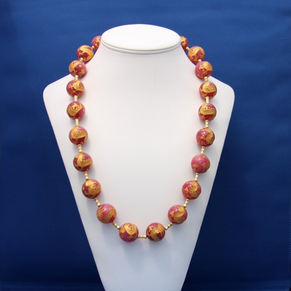 Hand-carved Red Jade with Gold Dragons Necklace